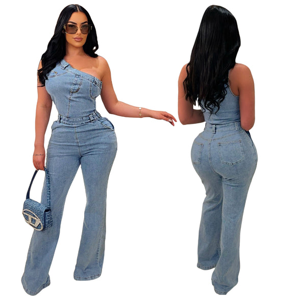 Jumpsuit Denim Ajustado con Hombros Caídos y Cintura Ceñida