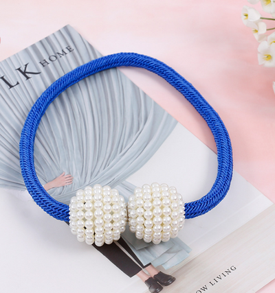 Magenta elastic curtain tieback with two white pearl-beaded spheres, designed to hold curtains elegantly. - Image 30