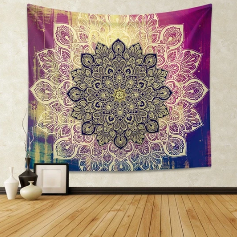 Magenta and blue ombre mandala tapestry with intricate yellow and purple design, displayed on a white wall. - Image 2