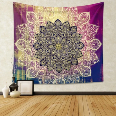 Magenta and blue ombre mandala tapestry with intricate yellow and purple design, displayed on a white wall. - Image 2