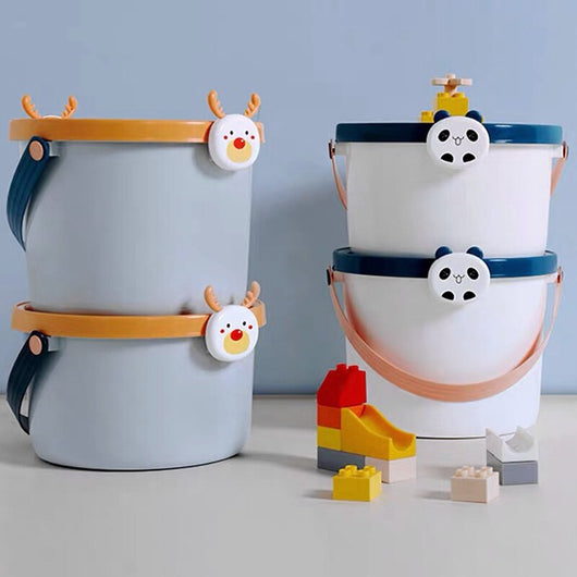 Two plastic storage buckets, one small and one large, with light blue bodies and orange lids featuring cartoon reindeer faces. - Image 3