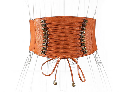 Red wide elastic belt with a faux leather lace-up front panel and bronze-tone eyelets, tied at the bottom. - Image 9