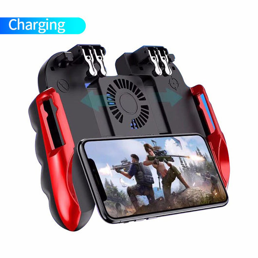 Black six-finger smartphone gamepad with silver triggers and a built-in phone bracket for mobile gaming. - Image 8