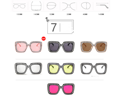 Oversized square sunglasses with clear peach frames, brown lenses, and clear faceted rhinestones around the edges. - Image 10