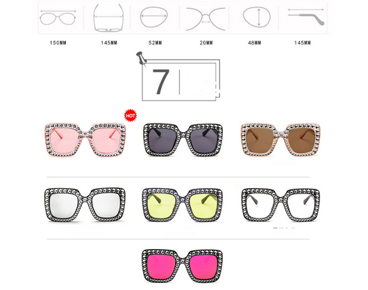 Oversized square sunglasses with clear peach frames, brown lenses, and clear faceted rhinestones around the edges. - Image 10