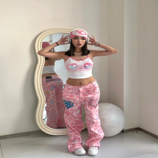 Pantalones Vaqueros Anchos Estampado Camuflaje Retro para Mujer