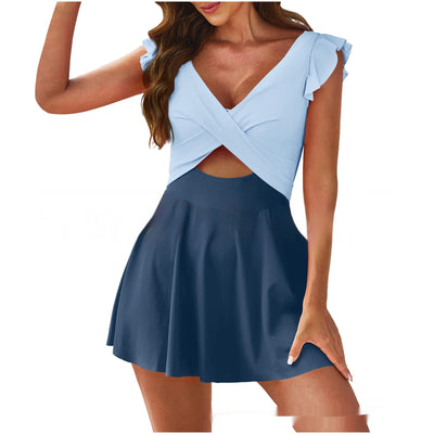Conservative color contrast patchwork swimsuit for women, featuring a light pink criss-cross top with ruffled cap sleeves and an orange pleated skirt. - Image 10