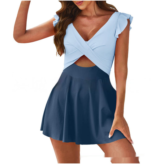 Conservative color contrast patchwork swimsuit for women, featuring a light pink criss-cross top with ruffled cap sleeves and an orange pleated skirt. - Image 10