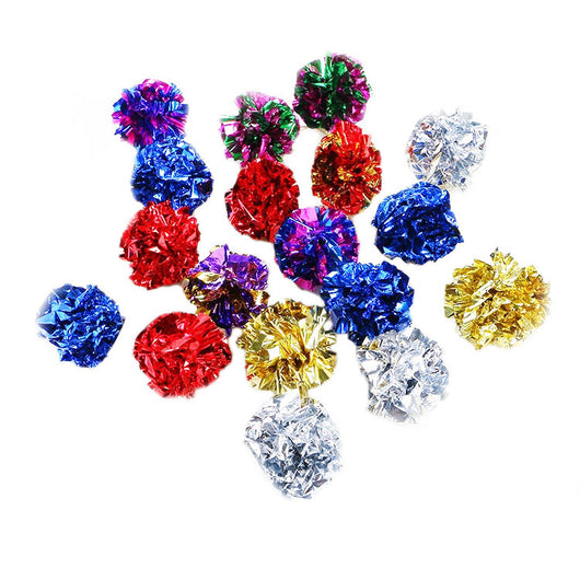 Assorted metallic crinkle foil balls for cats in red, blue, gold, silver, purple, and green colors. - Image 10