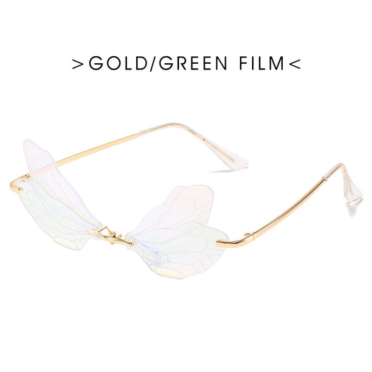 Dragonfly wing sunglasses with gold metal frames and unique brown tinted rimless lenses, suitable for adults. - Image 19
