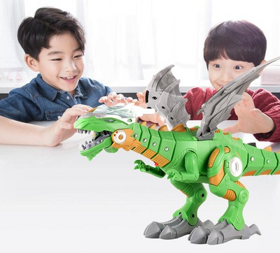 Green and grey intelligent robot dinosaur toy with wings, sharp teeth, and a long tail, packaged in a box.