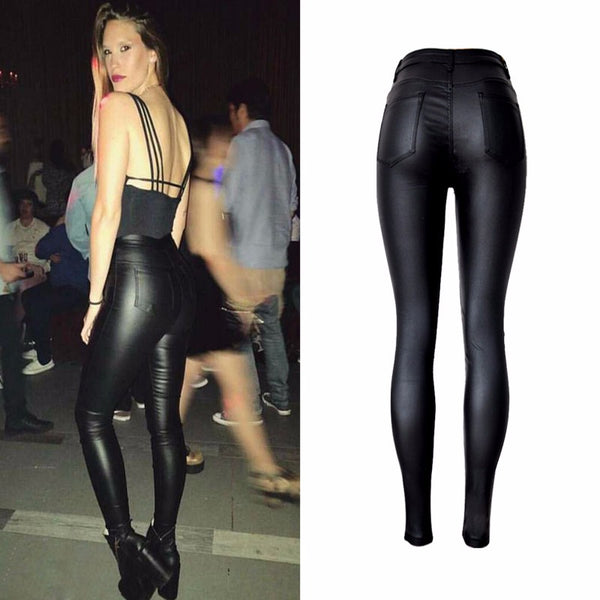 Pantalones de Cuero Sintético PU Cintura Alta Slim Fit Talla Grande
