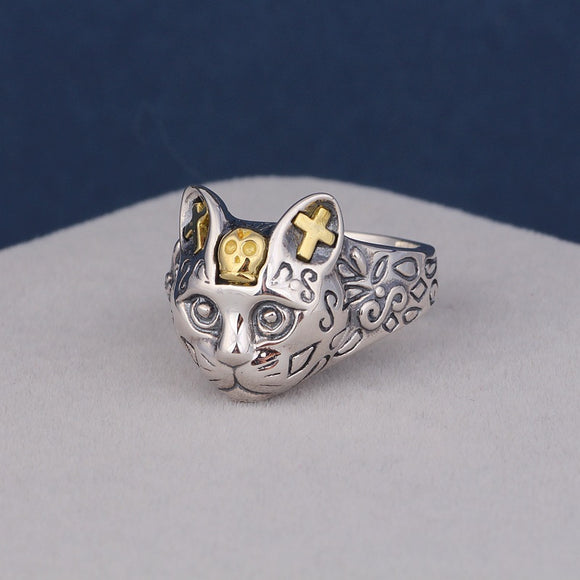 Anillo de Plata 925 Gato de la Suerte Retro con Diseño Gatito Adorable