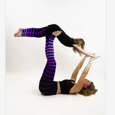 Parent-child dance fitness yoga suit with black tank tops and vibrant pink, orange, and green striped leggings. - Image 11