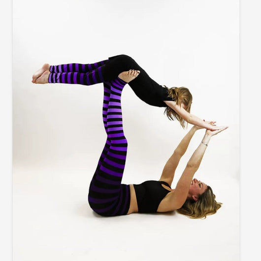 Parent-child dance fitness yoga suit with black tank tops and vibrant pink, orange, and green striped leggings. - Image 11