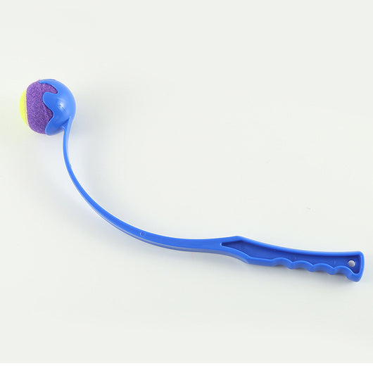 Pink pet throwing cue with a yellow and orange tennis ball, designed for outdoor dog training and play. - Image 13