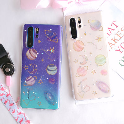 Funda de teléfono con planeta de lentejuelas transparente