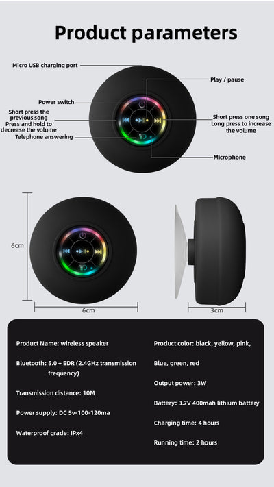 Parlante Bluetooth Impermeable con Ventosa Potente y Luces LED - Image 24