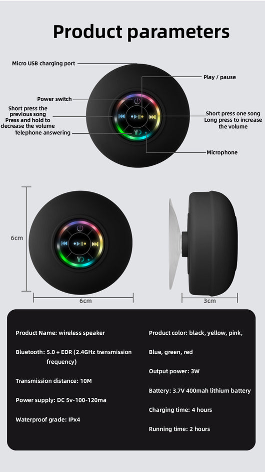 Parlante Bluetooth Impermeable con Ventosa Potente y Luces LED - Image 24