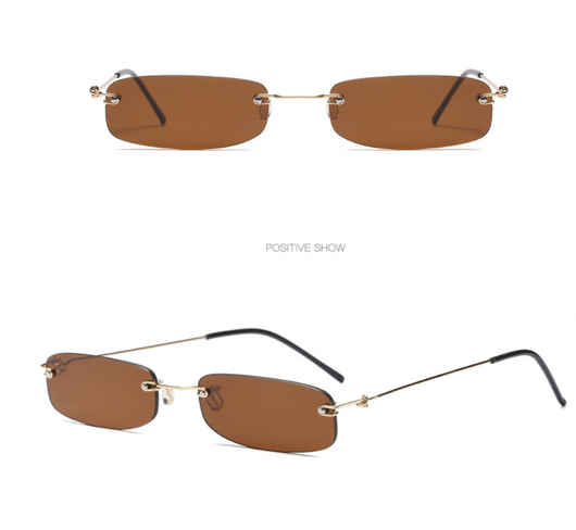 Rimless trendy sunglasses with rectangular orange lenses and gold-tone metal frames, featuring black temple tips. - Image 19