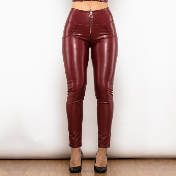 Pantalones de Cuero Rojo Vino Cintura Alta Ajustados para Mujer