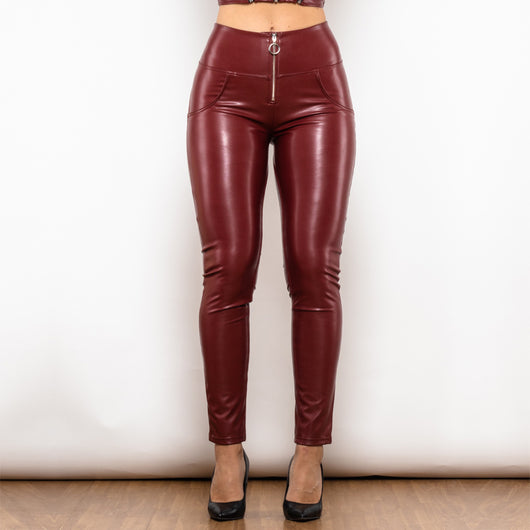 Pantalones de Cuero Rojo Vino Cintura Alta Ajustados para Mujer