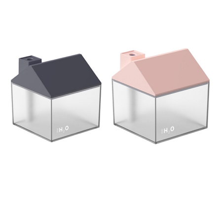 Two house-shaped USB humidifiers, one dark gray and one pink, with clear bases showing H₂O text. - Image 12