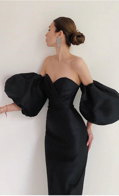 Vestido Ajustado Midi con Mangas Globo y Cintura Envolvente - Image 12