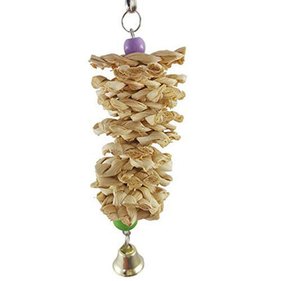 Natural grass bird toy with a woven cylindrical body, purple and green beads, a golden bell, and a metal hook. - Image 3