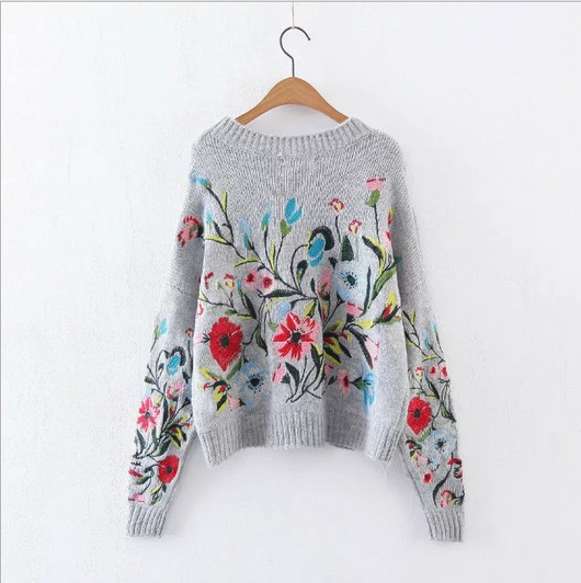 Suéter Tejido con Bordado Floral para Mujer - Cuello Redondo Oversize - Image 5