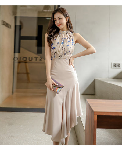 Conjunto Elegante: Blusa Sin Mangas Estampada y Falda Tableada con Abertura - Image 8