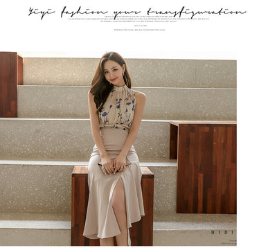 Conjunto Elegante: Blusa Sin Mangas Estampada y Falda Tableada con Abertura - Image 9