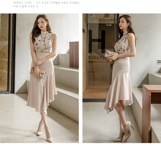 Conjunto Elegante: Blusa Sin Mangas Estampada y Falda Tableada con Abertura - Image 11