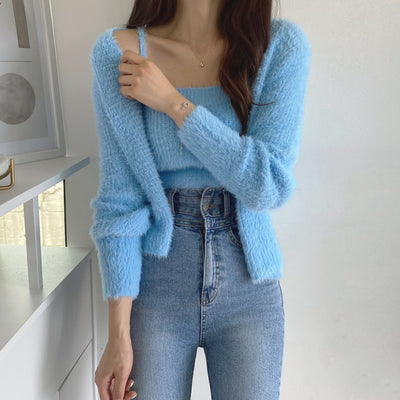 Conjunto de Dos Piezas: Cardigan de Visón Tejido con Top Tubo Primavera - Image 9