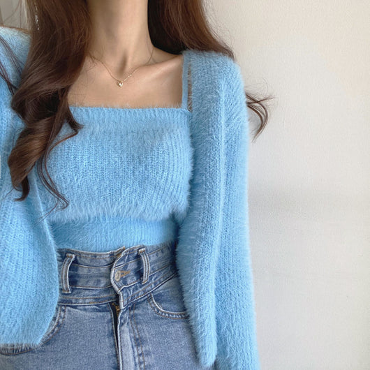 Conjunto de Dos Piezas: Cardigan de Visón Tejido con Top Tubo Primavera - Image 10
