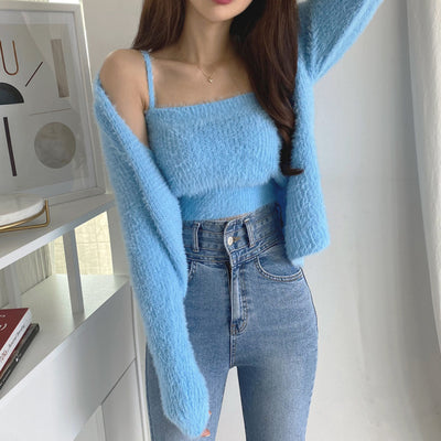 Conjunto de Dos Piezas: Cardigan de Visón Tejido con Top Tubo Primavera - Image 11