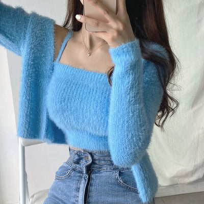 Conjunto de Dos Piezas: Cardigan de Visón Tejido con Top Tubo Primavera - Image 13