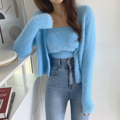 Conjunto de Dos Piezas: Cardigan de Visón Tejido con Top Tubo Primavera - Image 14