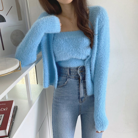 Conjunto de Dos Piezas: Cardigan de Visón Tejido con Top Tubo Primavera - Image 14