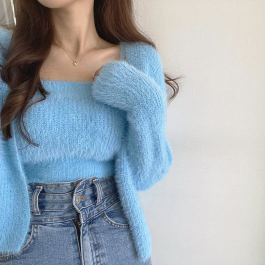 Conjunto de Dos Piezas: Cardigan de Visón Tejido con Top Tubo Primavera - Image 23
