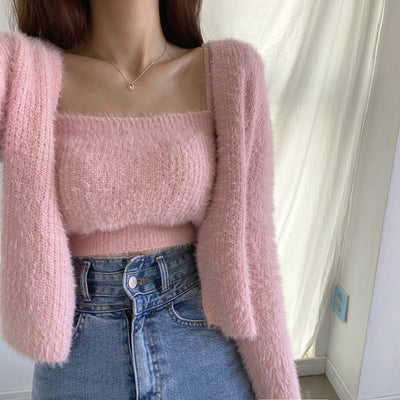 Conjunto de Dos Piezas: Cardigan de Visón Tejido con Top Tubo Primavera - Image 36