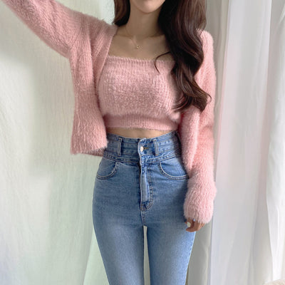 Conjunto de Dos Piezas: Cardigan de Visón Tejido con Top Tubo Primavera - Image 38