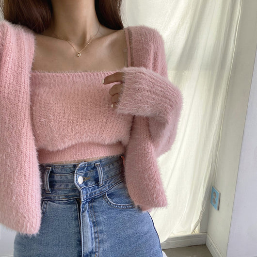 Conjunto de Dos Piezas: Cardigan de Visón Tejido con Top Tubo Primavera - Image 39