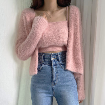 Conjunto de Dos Piezas: Cardigan de Visón Tejido con Top Tubo Primavera - Image 40