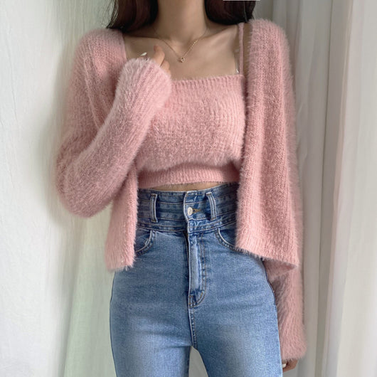 Conjunto de Dos Piezas: Cardigan de Visón Tejido con Top Tubo Primavera - Image 40