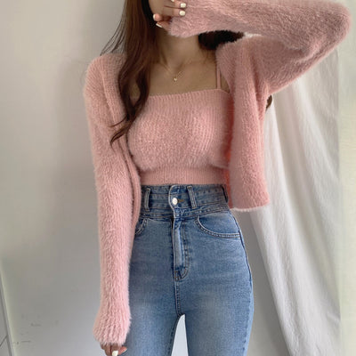 Conjunto de Dos Piezas: Cardigan de Visón Tejido con Top Tubo Primavera - Image 43
