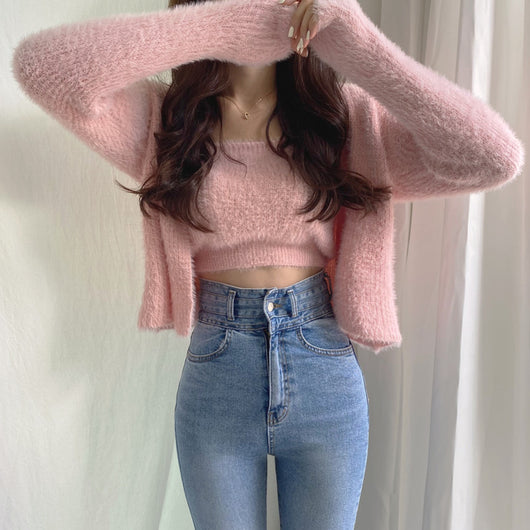 Conjunto de Dos Piezas: Cardigan de Visón Tejido con Top Tubo Primavera - Image 44