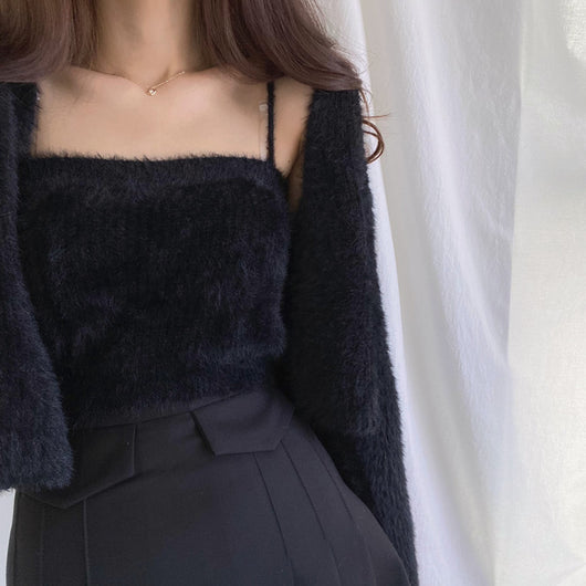 Conjunto de Dos Piezas: Cardigan de Visón Tejido con Top Tubo Primavera - Image 47