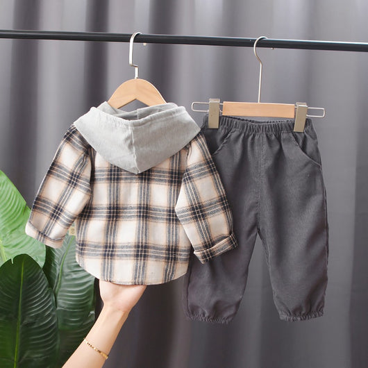 Conjunto de Abrigo Cuadriculado con Capucha, Camisa de Manga Larga y Sudadera para Niños - Image 7
