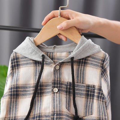 Conjunto de Abrigo Cuadriculado con Capucha, Camisa de Manga Larga y Sudadera para Niños - Image 9